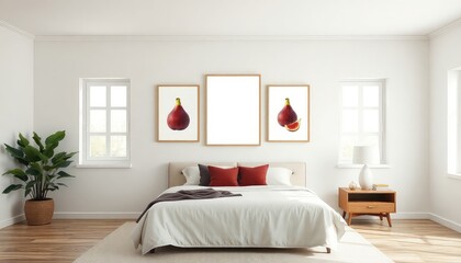 Mediterranean master bedroom with fig prints and a blank white a4 frames mockup hanging on the wall.