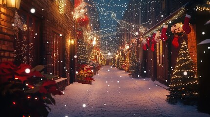 Snowfall on a charming Christmas street scene