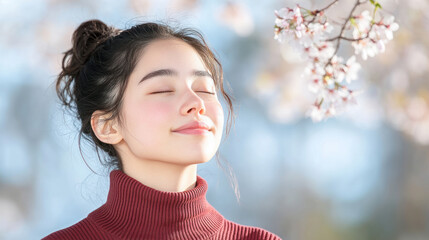 Brunette woman in red ribbed necks closed eyes enjoy fresh air in park with cherry blossom