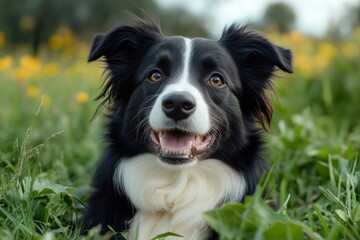 Fototapeta premium Border collie dog lying in grass and smiling