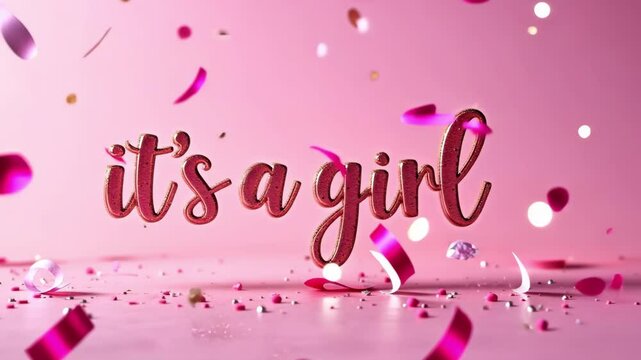 Text "It's a girl" on a colorful speech bubble moving on a pink background. Invitation, mailing, video for a baby shower, gender reveal, newborn or baby party.