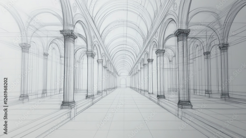 Poster a sketch of an architectural interior featuring arches and columns in a linear perspective.