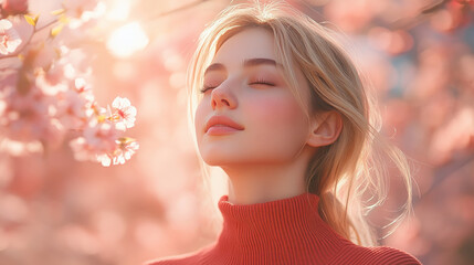 Fototapeta premium Blond woman in red ribbed necks closed eyes enjoy fresh air in park with cherry blossom