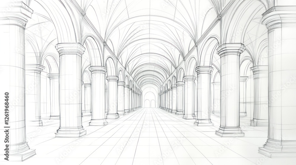 Poster a detailed architectural sketch of a grand corridor with columns and arches.