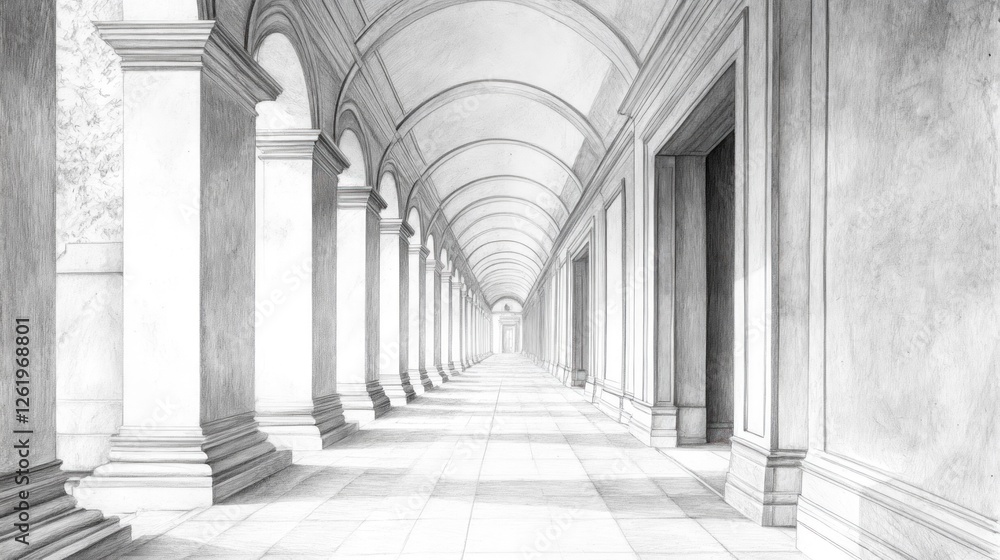 Poster a monochromatic corridor with arches and columns, creating a sense of depth and perspective.