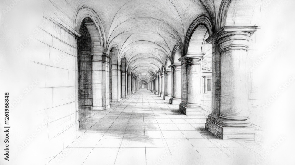Aufkleber a detailed sketch of a grand corridor with arches and columns, creating depth and perspective.