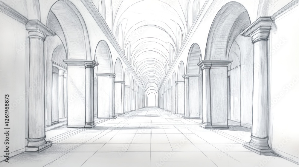 Poster a sketch of a grand corridor featuring arches and columns, emphasizing architectural design.