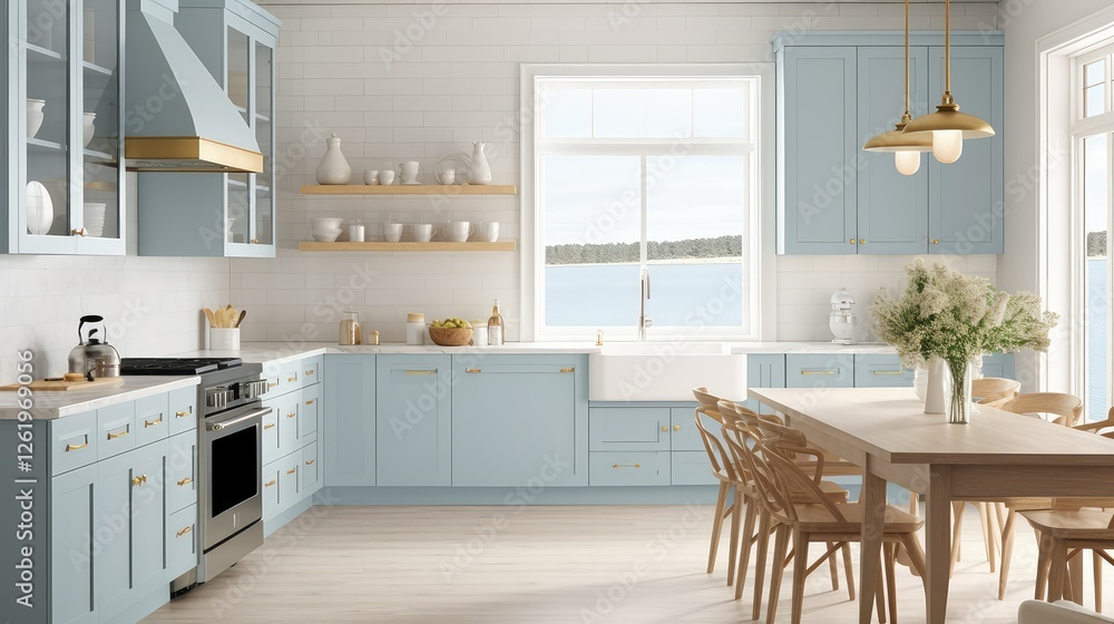 Wall mural coastal blue kitchen cabinets