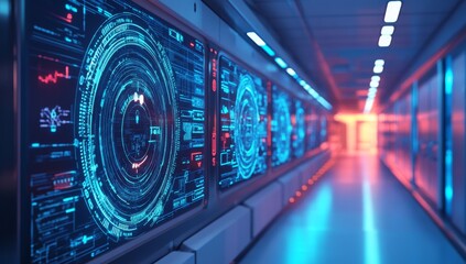 Hospital blue corridor adorned with digital medical infographics and charts in a 3D rendering