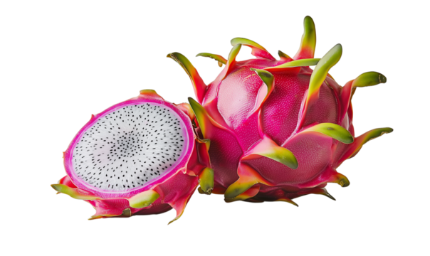 Vibrant Dragon Fruit Whole and Halved Close up Studio Shot Exotic Tropical Fruit, Isolated on Transparent Bakcground, Ai Generative Images
