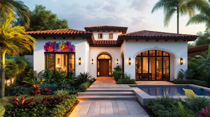 Obraz premium Luxurious spanish colonial house featuring colorful flowers and swimming pool at sunset