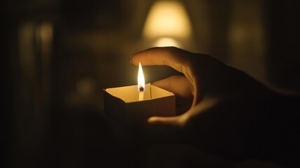 A hand holds a lit candle in a dimly lit environment, creating a warm, intimate atmosphere.