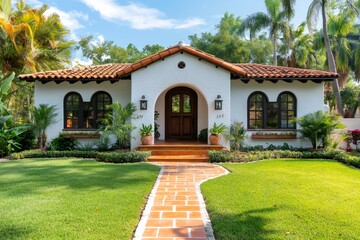 Obraz premium Spanish style house featuring a red tile roof, arched windows and a brick walkway