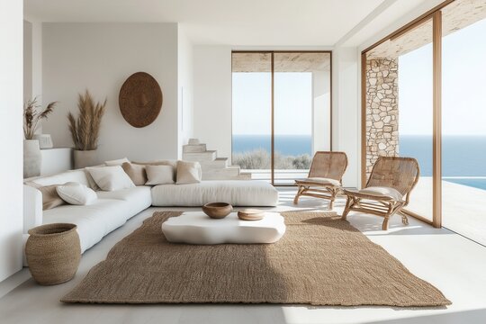 minimalist luxury interior with soft white couch, wooden chairs and sea view