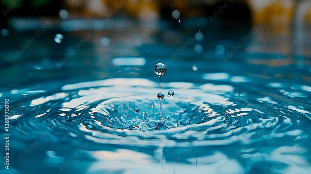 Poster water drop impact: stunning macro photography of a single drop splashing into still water, creating 