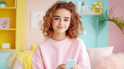 Confident Teenager with Smartphone: A young woman with curly auburn hair and a confident smile holds a smartphone.