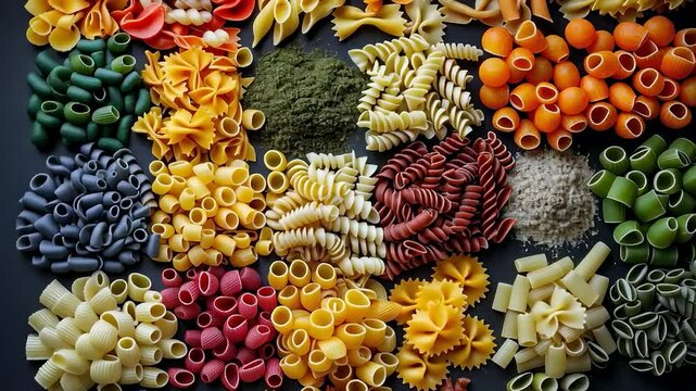 Colorful image showcasing various types of pasta, highlighting diverse shapes, textures, and styles commonly used in Italian cuisine and global dishes.