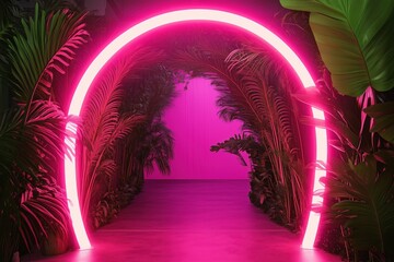 tunnel with neon lights arch and tropical leaves