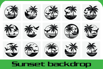Scenic Ocean Sunset Vector Illustration silhouette with Swaying Coconut Trees