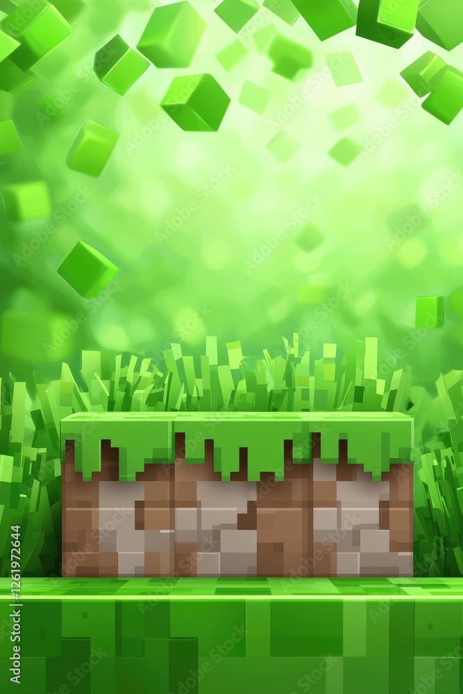 Sticker abstract green pixelated landscape with floating cubes and grass.