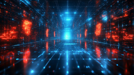 Fototapeta premium A futuristic mega city filled with advanced technology, towering skyscrapers, and cyberpunk aesthetics. A modern metropolis with a bright tone, blurred background, and space for captions.