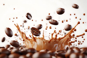 A dramatic capture of coffee beans falling into coffee, splashing droplets in high definition, isolated on a pure white background.