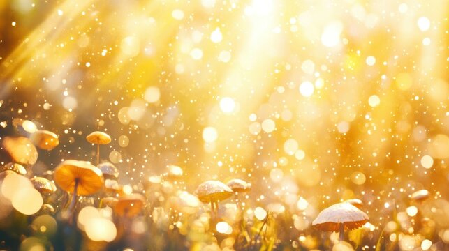 Golden Hour Fungi: Enchanting scene of numerous mushrooms bathed in the warm, golden light of the setting sun. Sparkling bokeh and magical atmosphere. 