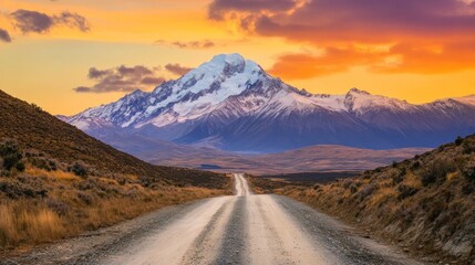 Road leading towards majestic snow-capped mountain at vibrant sunset