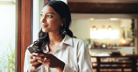 Cellphone, window and woman in home thinking for email with hotel booking confirmation for vacation...