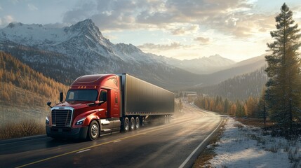 Obraz premium A dramatic shot of a long-distance truck on a scenic mountain road, symbolizing rural connectivity,