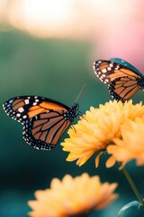 Fototapeta premium Delicate butterflies resting on vibrant flowers create serene sp