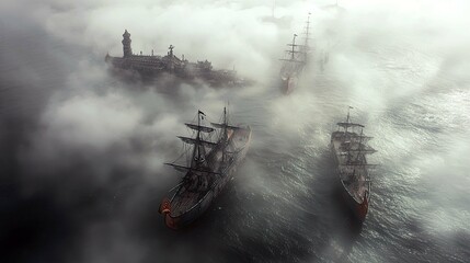 Enigmatic Sailing Ships in Fog: A Majestic Coastal Voyage to a Mysterious Island Castle