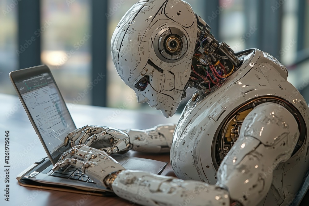 Poster a smart robot operates on tasks at a modern desk in a minimalist setting