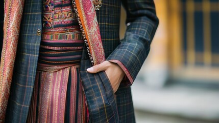 Person in Elegant Wedding Attire with Intricate Patterns and Colors