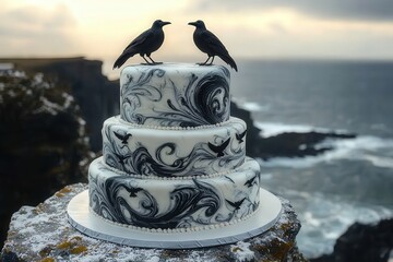 Fototapeta premium Elegant black and white cake with raven decorations by cliffside ocean view