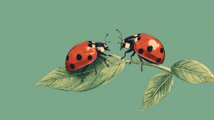 Fototapeta premium Ladybugs explore a blade of grass, their black spots contrasting with their bright red shells, against a soft green background.