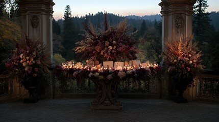 Elegant autumn wedding seating chart, villa terrace, sunset