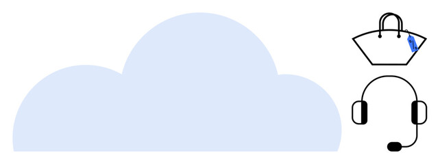 Cloud shape, shopping bag with credit card, headset with microphone. Ideal for online shopping, customer service, cloud storage, financial transactions, virtual assistance, digital communication