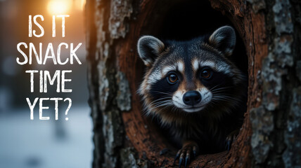 Obraz premium Raccoon looking out from a tree cavity