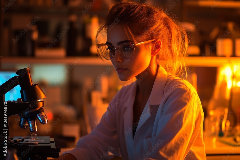 Poster woman scientist uses a microscope to analyze a dna sample as part of a science experiment in the lab