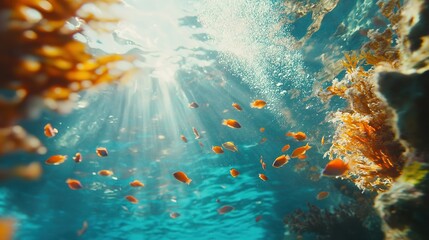 Fototapeta premium Sunlit Coral Reef With Orange Fish Swimming