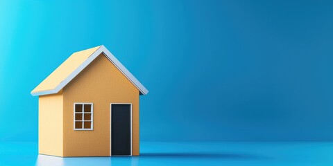 Small yellow house model on blue background.