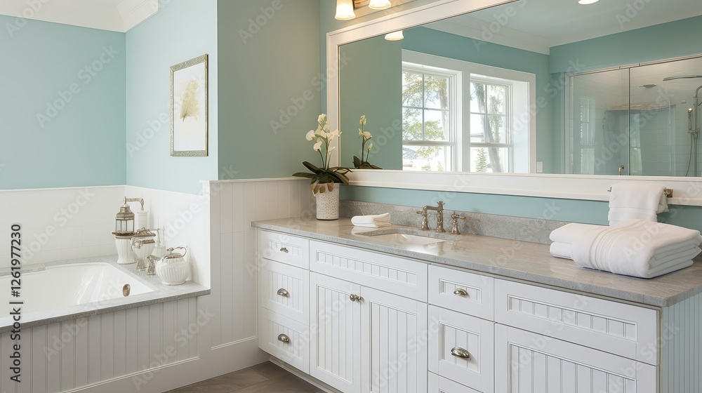 Wall mural beadboard white cabinets