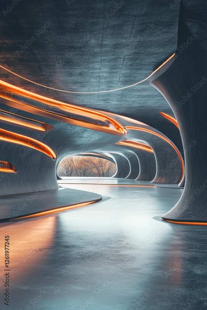 Poster a futuristic, illuminated corridor with smooth, curved architecture and glowing orange lines creatin
