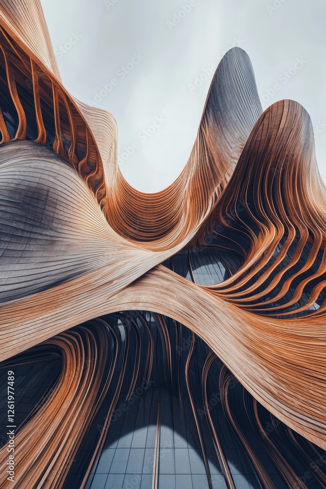 Poster a futuristic architectural structure with flowing curves and intricate patterns, showcasing creativi