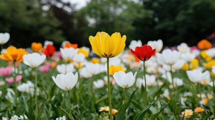 Fototapeta premium Vibrant yellow tulip stands out in a blooming field of colorful spring flowers in a sunny park.