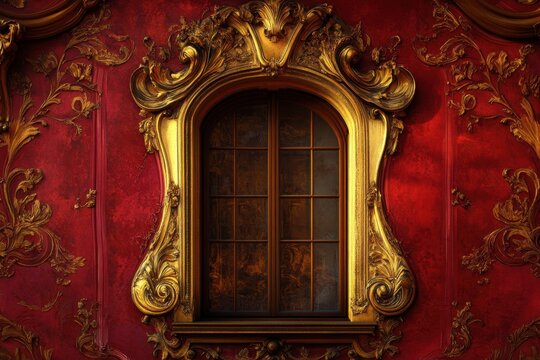 Ornate gilded window frame surrounded by red patterned wall