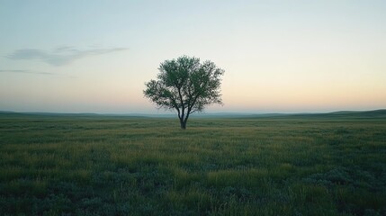 Obraz premium Lone Tree Stands in Vast Grassland at Sunset