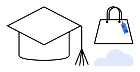 Graduation cap, shopping bag with price tag, and gray cloud. Ideal for education, e-commerce, student life, online shopping, financial planning future investments career goals. Abstract line flat