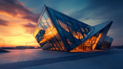 A striking modern building with angular glass architecture, reflecting a vibrant sunset sky, showcasing innovative design and urban elegance.